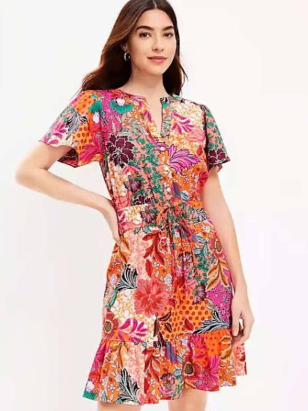 LOFT Patchwork Bloom Smocked Tie Waist Dress (size XS)